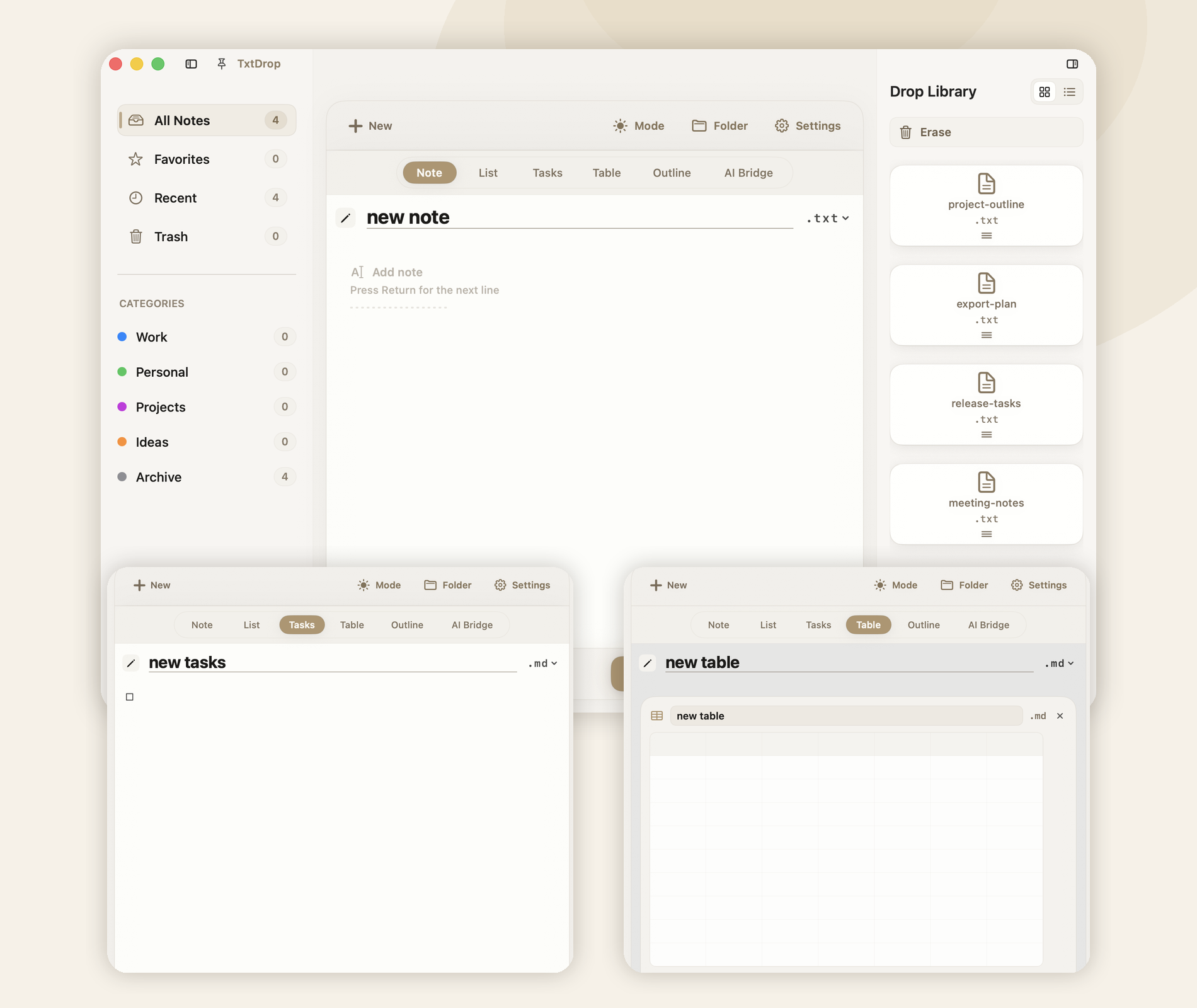 TxtDrop app preview showing Note, Tasks, Table, and Drop Library views